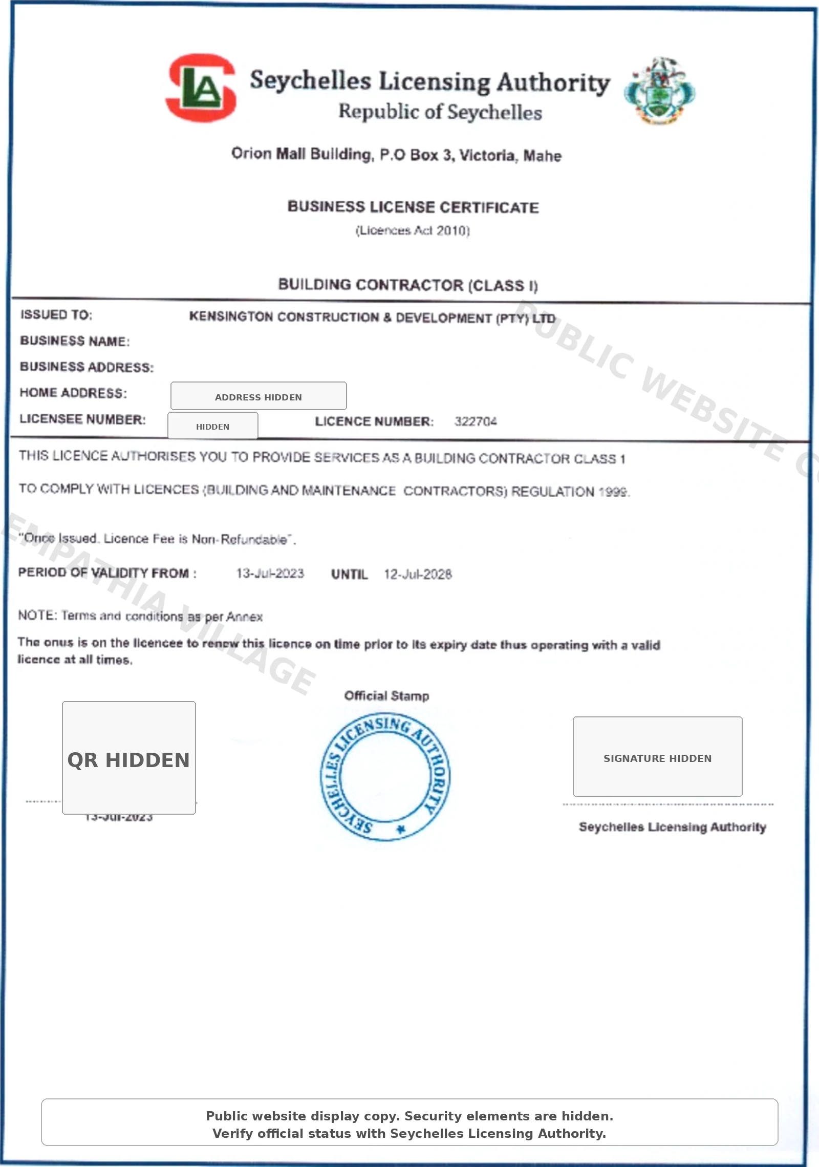 Kensington Construction & Development — лицензия строительного подрядчика Класс I, Орган по лицензированию Сейшел